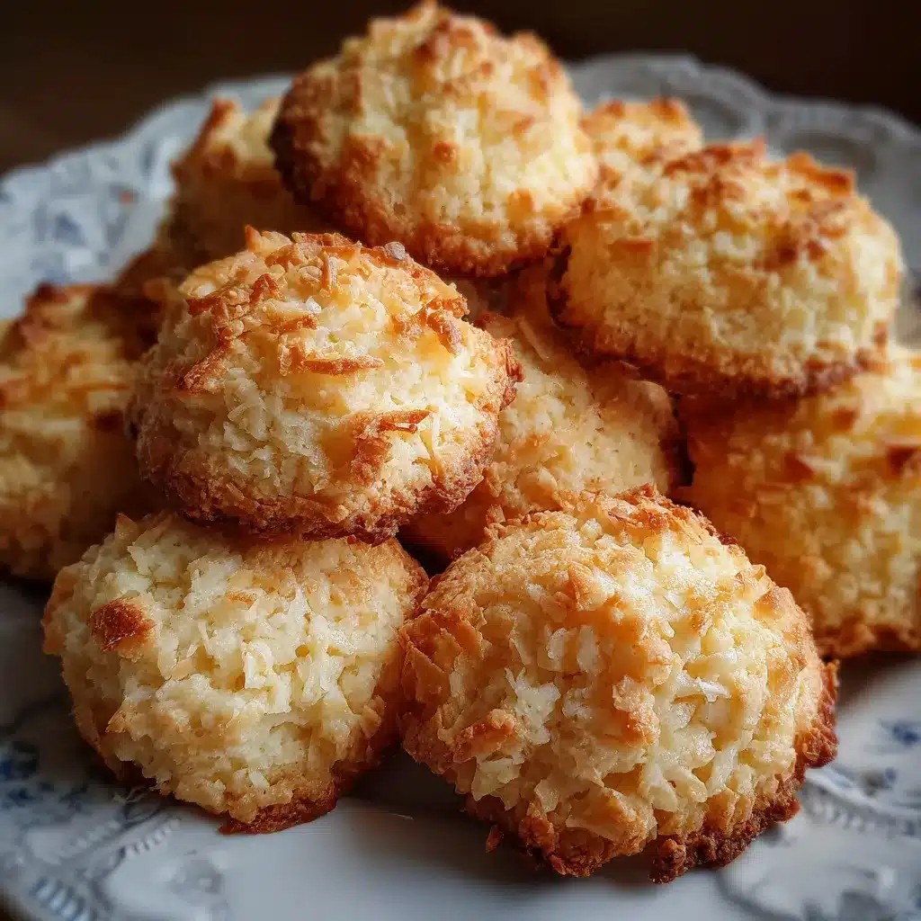 Galletas de coco caseras sobre una bandeja enfriándose, doradas y con textura crujiente