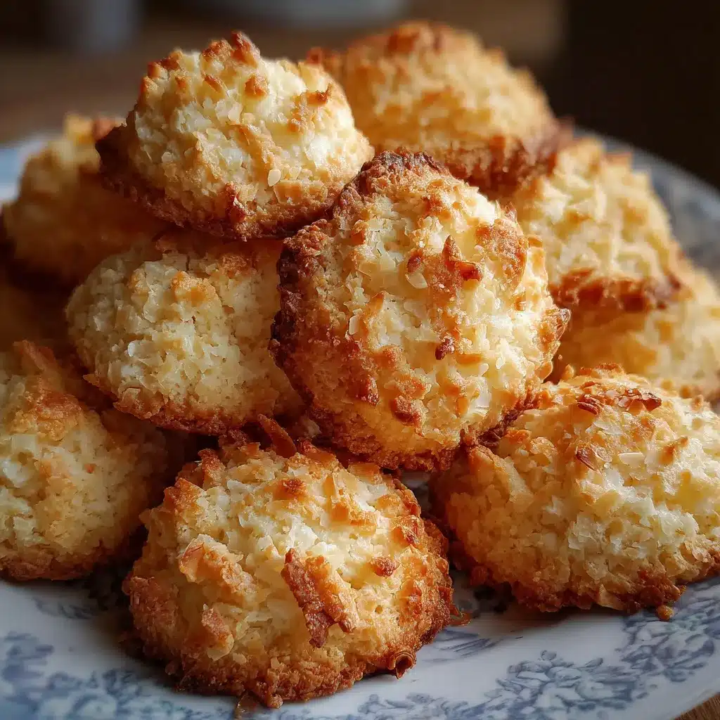 Galletas de coco caseras sobre una bandeja enfriándose, doradas y con textura crujiente