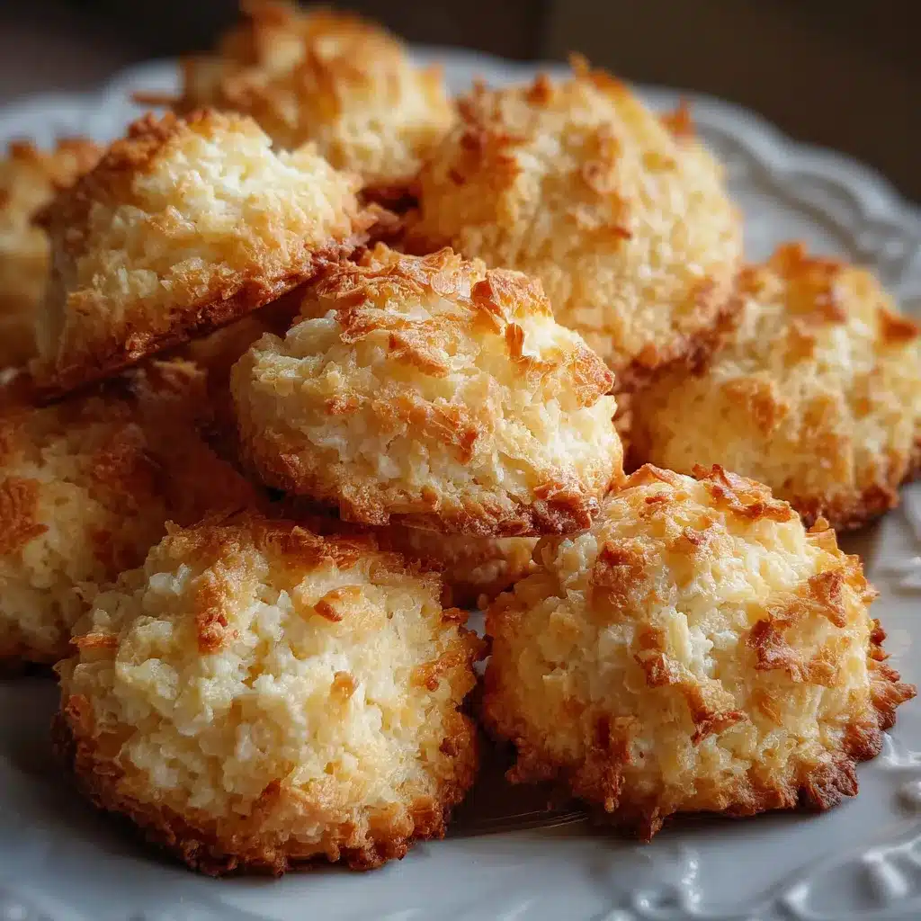 Galletas de coco caseras sobre una bandeja enfriándose, doradas y con textura crujiente