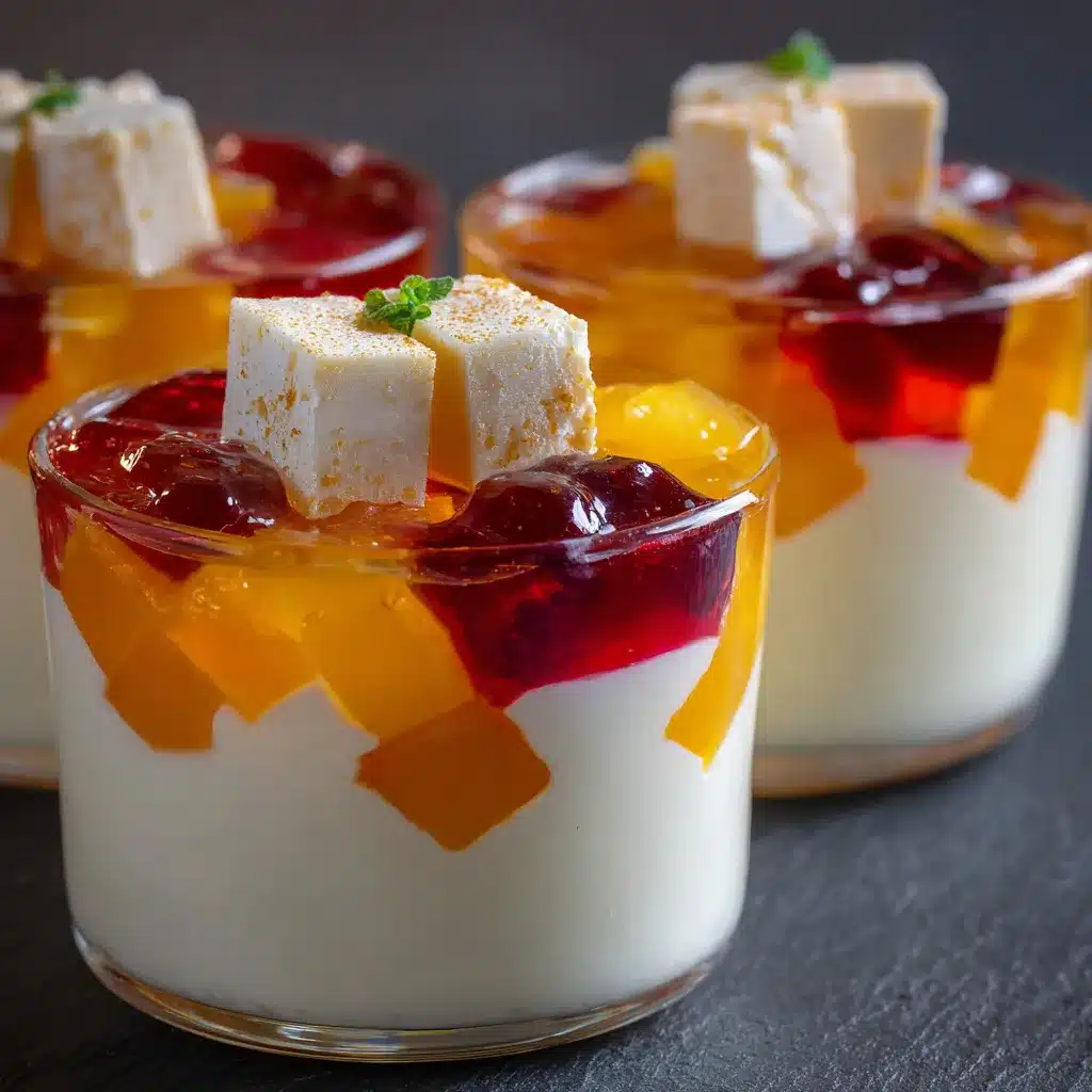 Gelatina mosaico con cubos de colores y base cremosa servida en un plato