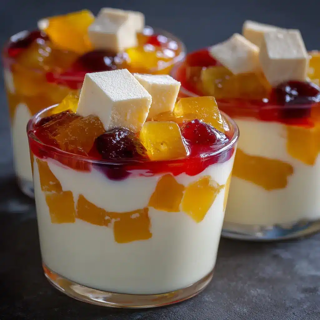 Gelatina mosaico con cubos de colores y base cremosa servida en un plato