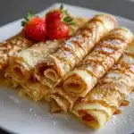 Crepe casero dorado sobre plato blanco con frutas y miel