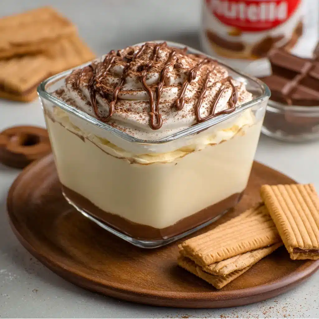 Marquesa de Leche servida en una fuente de vidrio, con capas de galleta y crema, cubierta con chocolate fundido