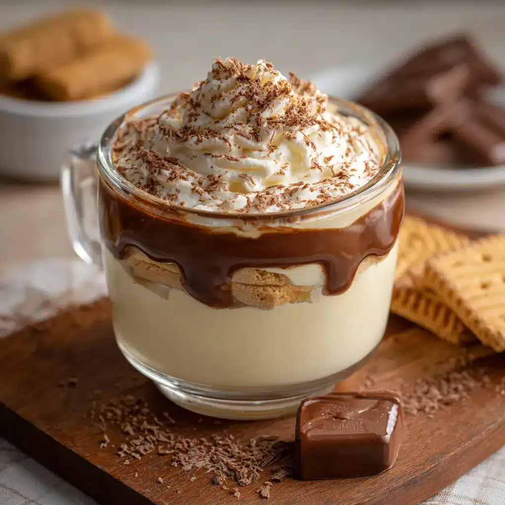 Marquesa de Leche servida en una fuente de vidrio, con capas de galleta y crema, cubierta con chocolate fundido