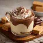 Marquesa de Leche servida en una fuente de vidrio, con capas de galleta y crema, cubierta con chocolate fundido