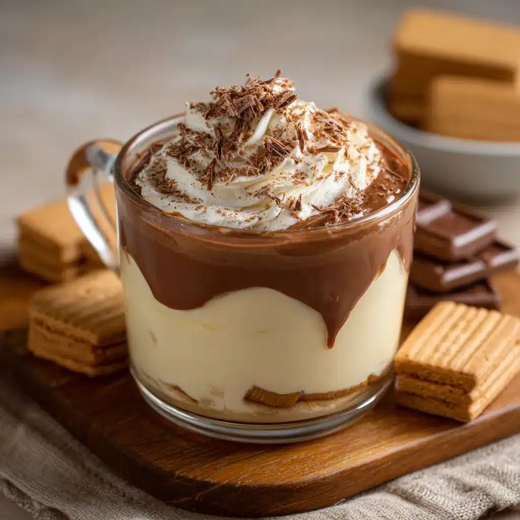 Marquesa de Leche servida en una fuente de vidrio, con capas de galleta y crema, cubierta con chocolate fundido