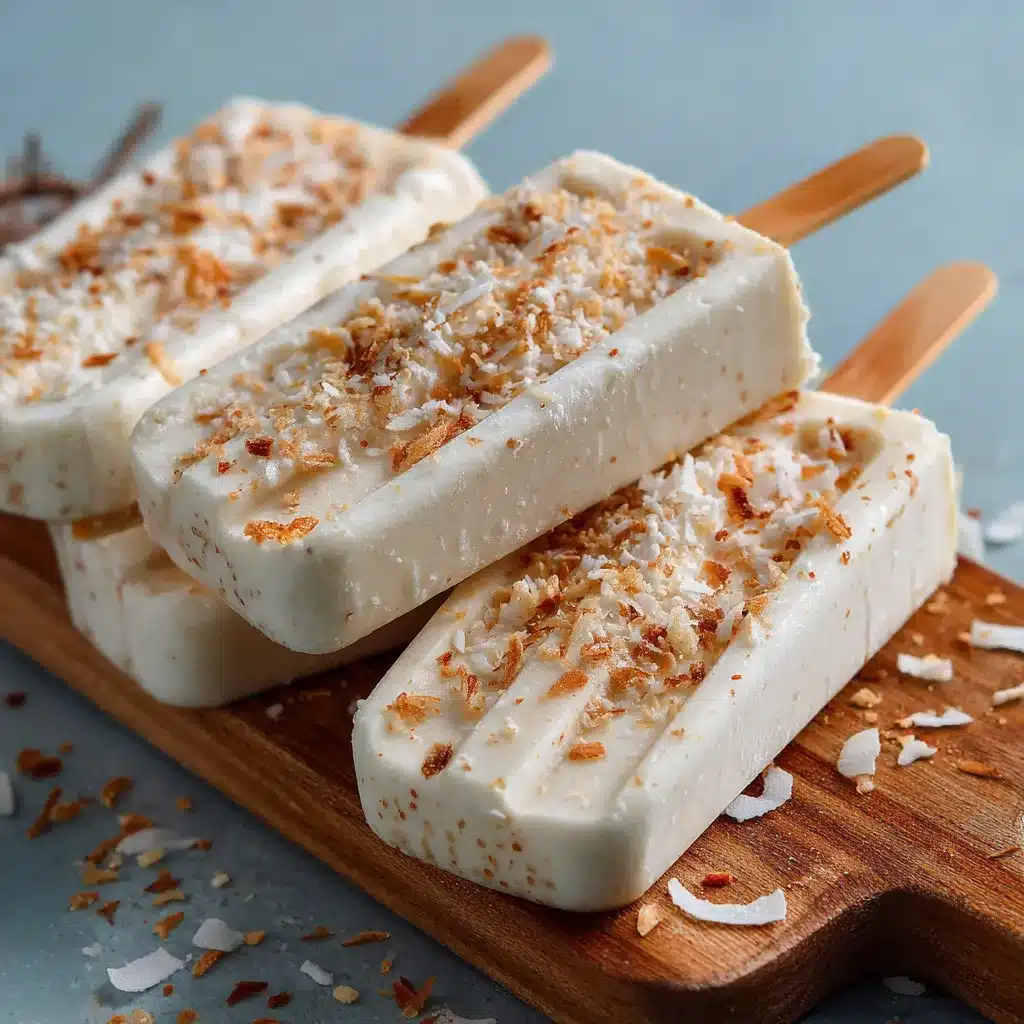 Paletas de coco cremosas servidas en un plato blanco con coco rallado encima