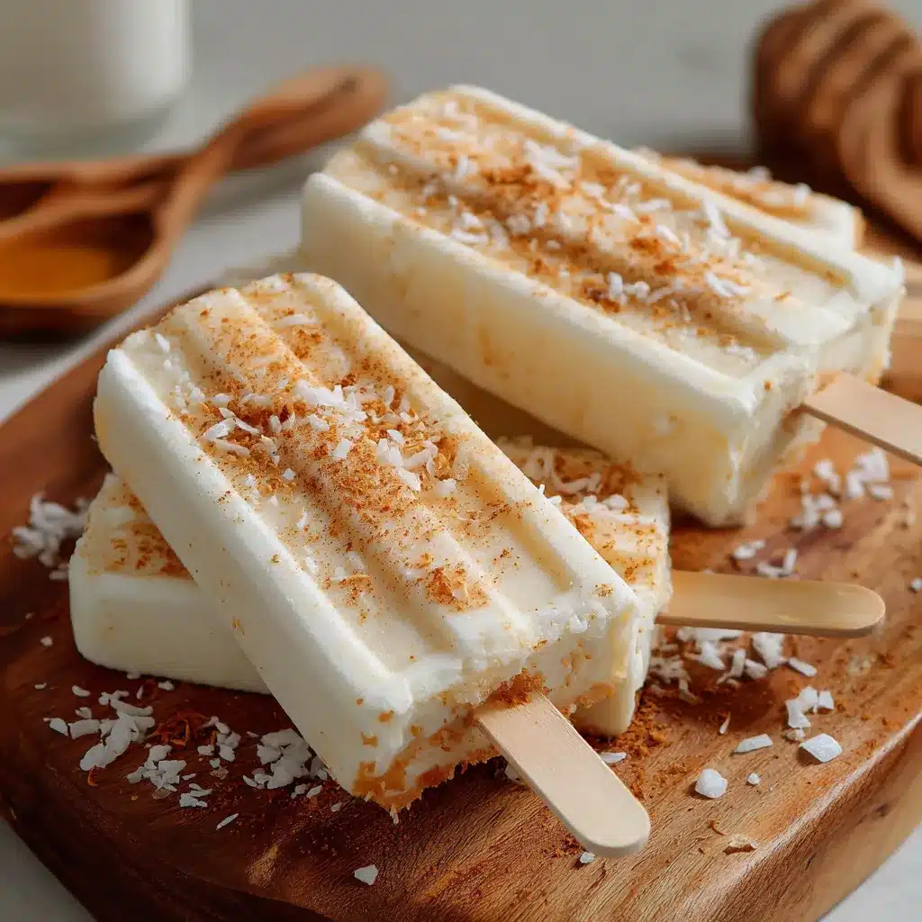 Paletas de coco cremosas servidas en un plato blanco con coco rallado encima