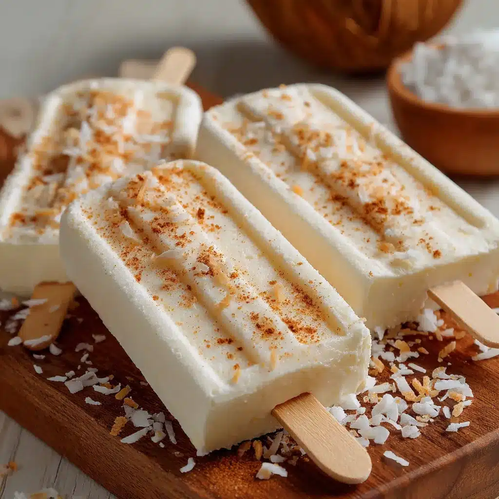 Paletas de coco cremosas servidas en un plato blanco con coco rallado encima