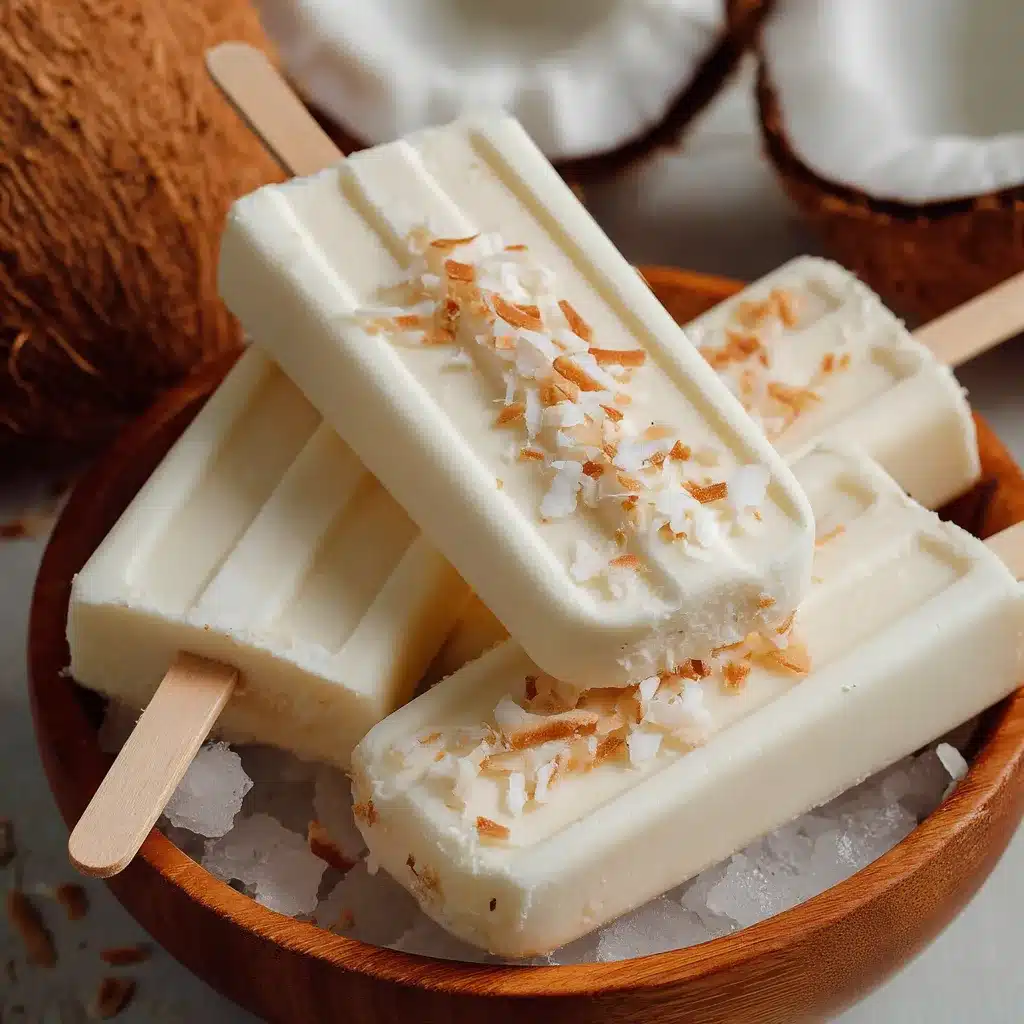 Paletas de coco cremosas servidas en un plato blanco con coco rallado encima
