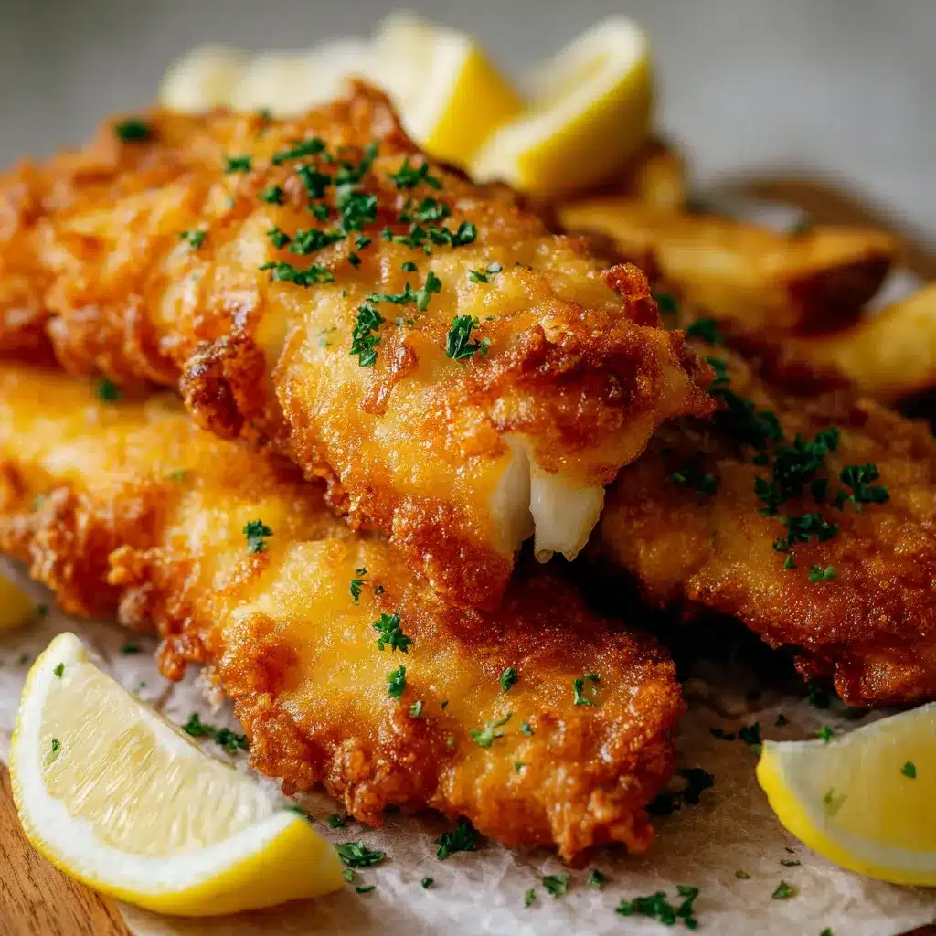 Filetes de pescado rebozado crujiente dorados, recién fritos, servidos con limón y salsa.