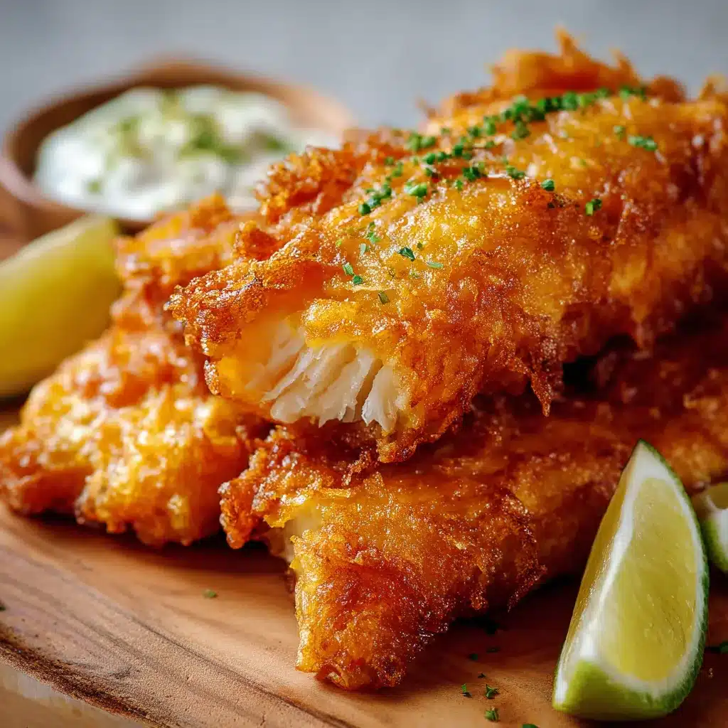 Filetes de pescado rebozado crujiente dorados, recién fritos, servidos con limón y salsa.