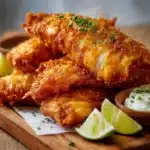 Filetes de pescado rebozado crujiente dorados, recién fritos, servidos con limón y salsa.