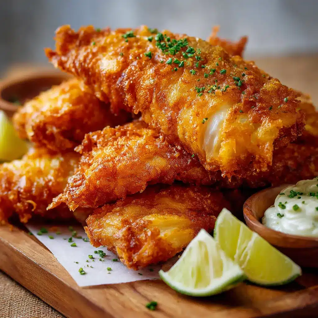 Filetes de pescado rebozado crujiente dorados, recién fritos, servidos con limón y salsa.