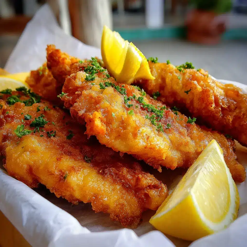 Filetes de pescado rebozado crujiente dorados, recién fritos, servidos con limón y salsa.