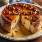 Rebanada de pudín de pan casero con pasas, horneado dorado y textura cremosa