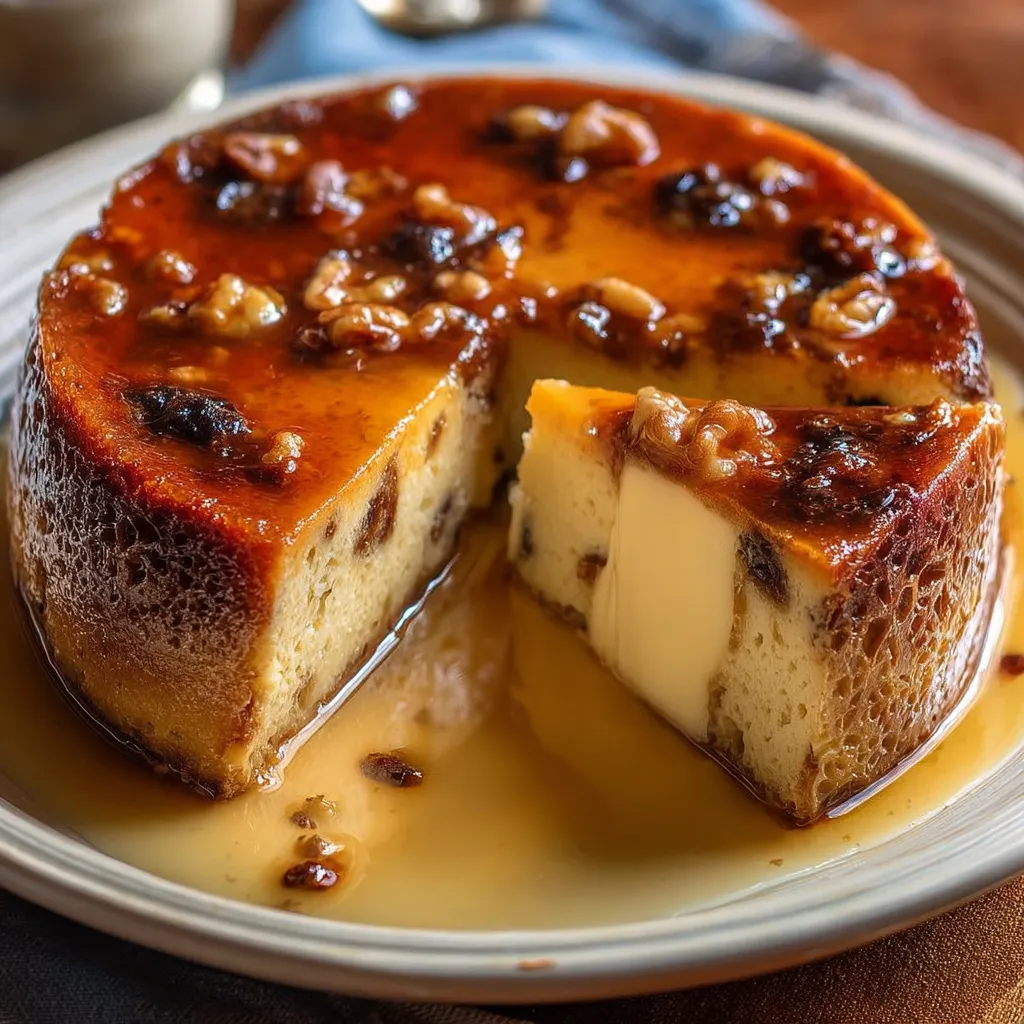Rebanada de pudín de pan casero con pasas, horneado dorado y textura cremosa