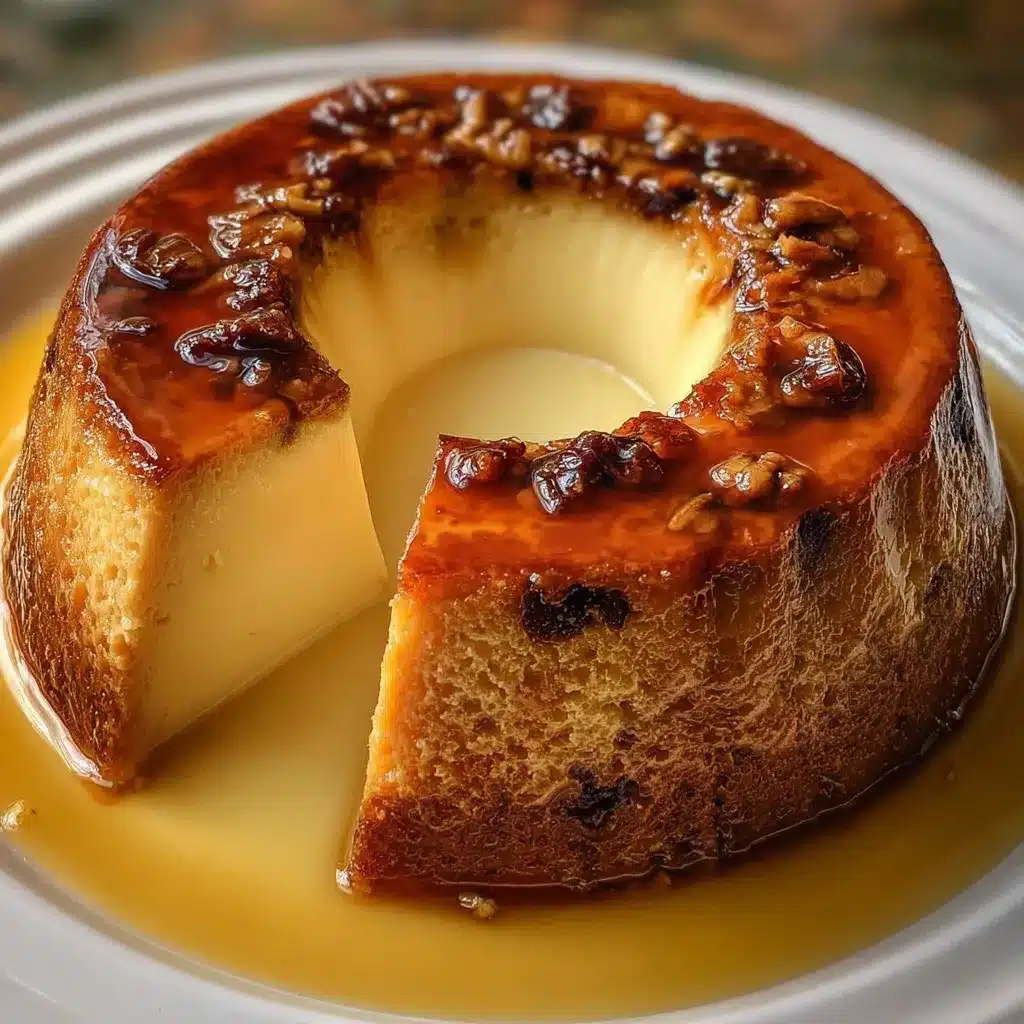 Rebanada de pudín de pan casero con pasas, horneado dorado y textura cremosa