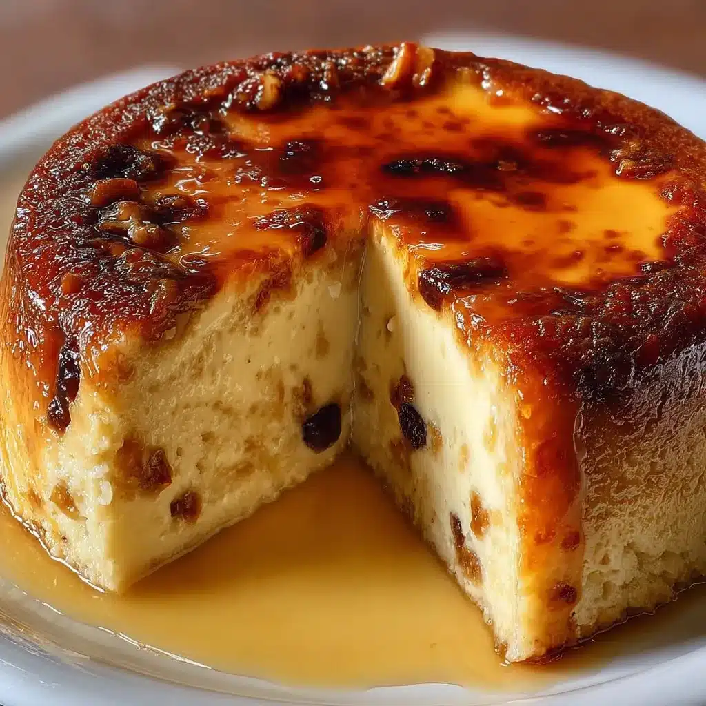Rebanada de pudín de pan casero con pasas, horneado dorado y textura cremosa