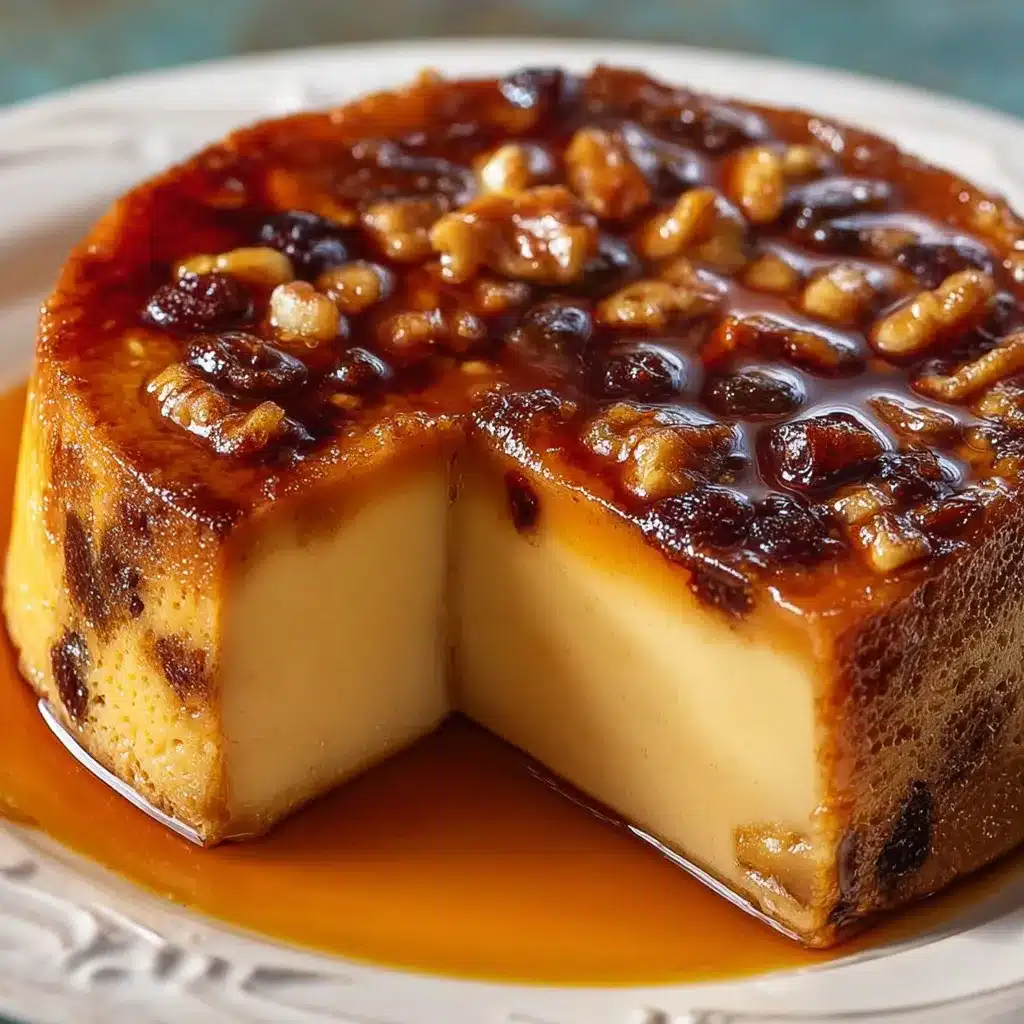 Rebanada de pudín de pan casero con pasas, horneado dorado y textura cremosa