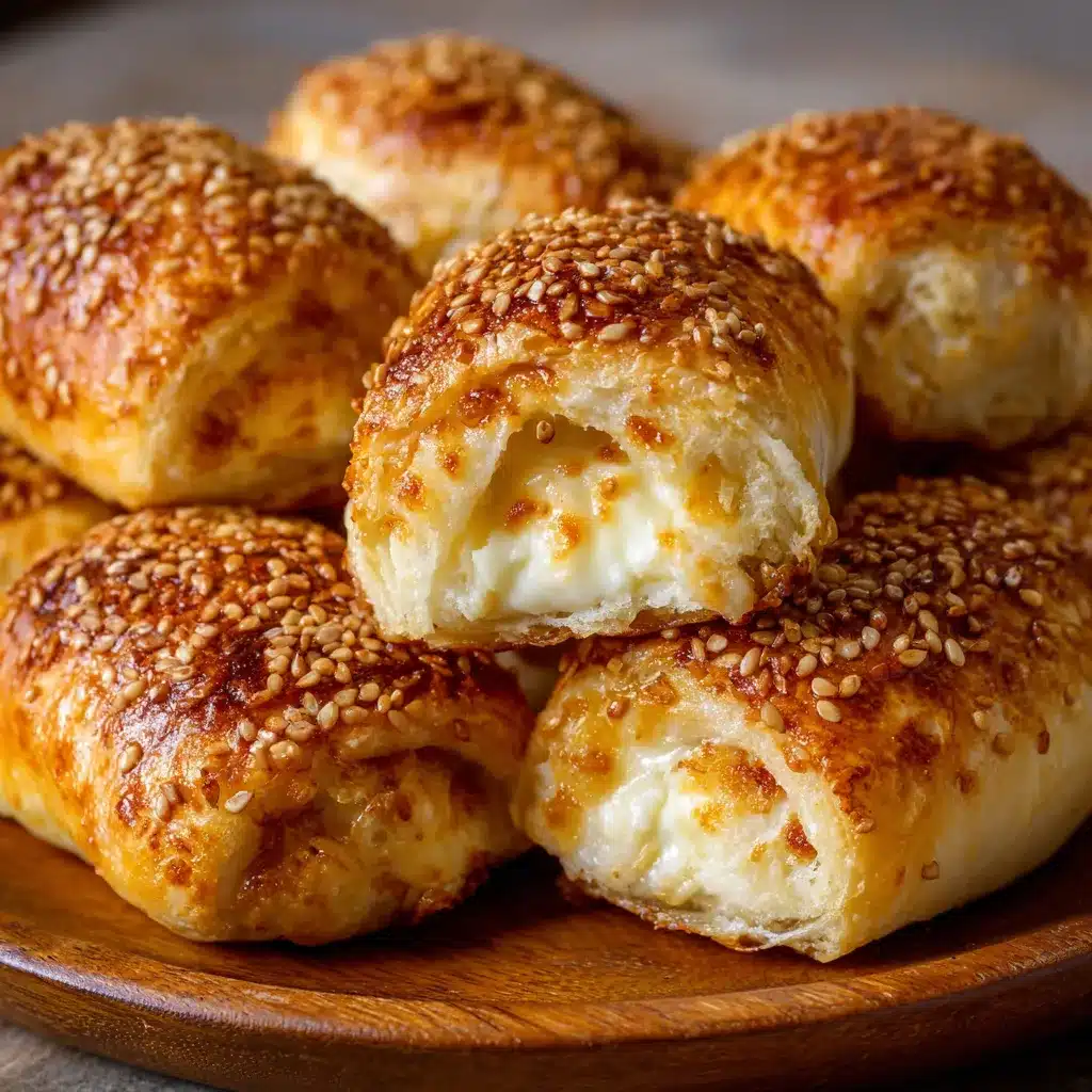 Panecillos caseros rellenos con queso cheddar y espolvoreados con semillas de sésamo recién horneados