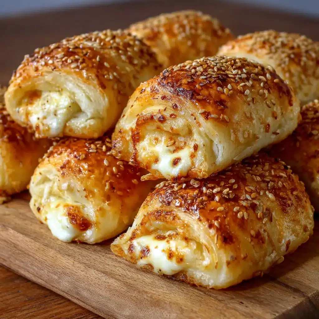 Panecillos caseros rellenos con queso cheddar y espolvoreados con semillas de sésamo recién horneados