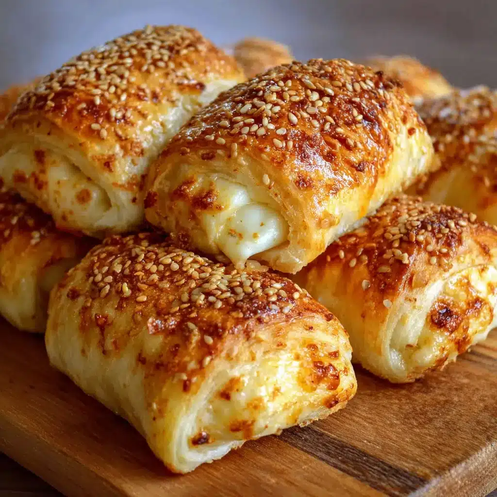 Panecillos caseros rellenos con queso cheddar y espolvoreados con semillas de sésamo recién horneados