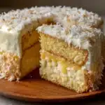 Pastel helado de coco cubierto con crema y coco rallado en una bandeja blanca.