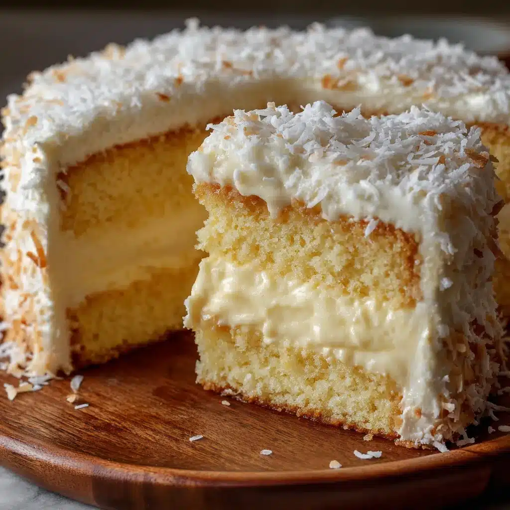 Pastel helado de coco cubierto con crema y coco rallado en una bandeja blanca.