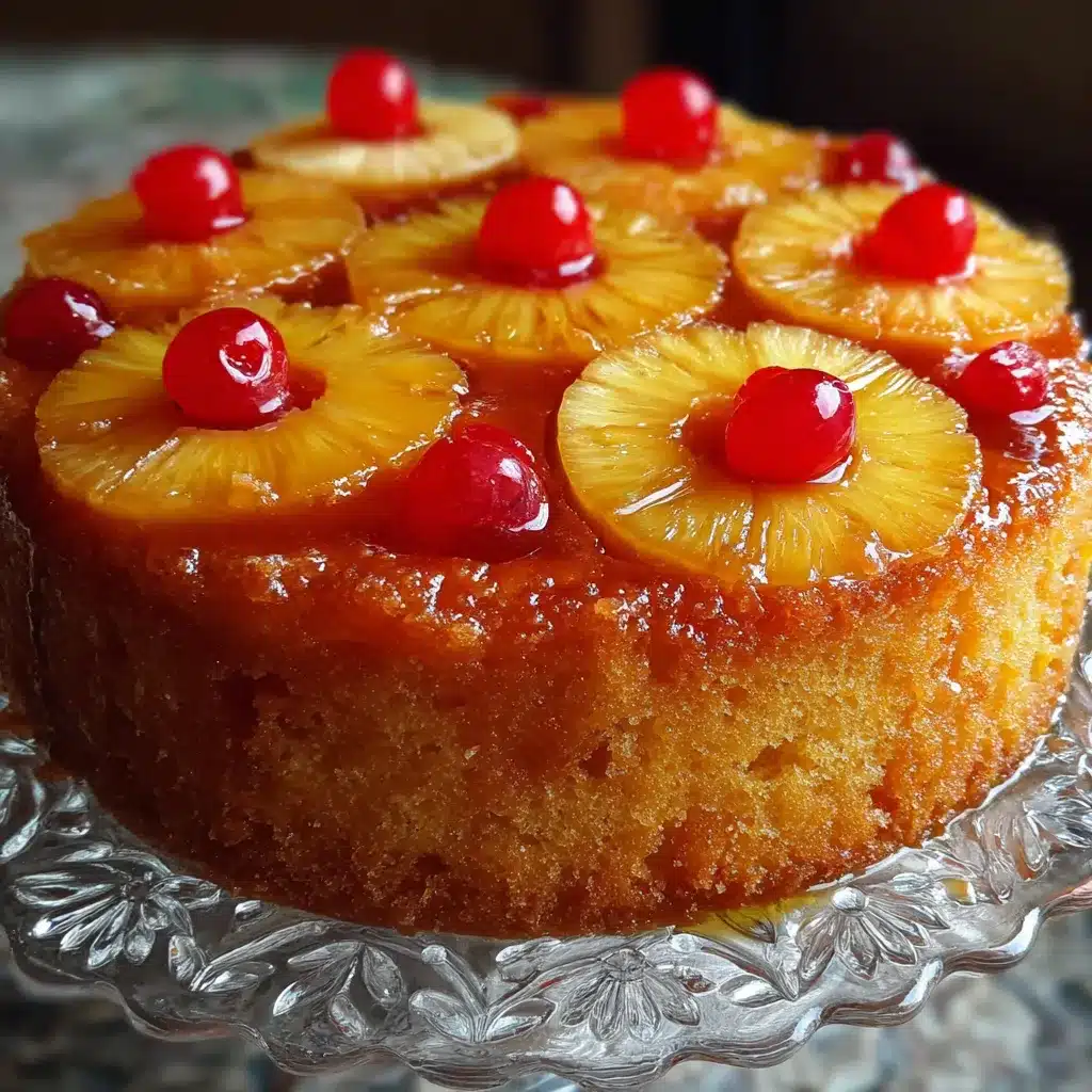 Pastel invertido de piña con rodajas caramelizadas y cerezas sobre un bizcocho dorado