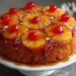 Pastel invertido de piña con rodajas caramelizadas y cerezas sobre un bizcocho dorado