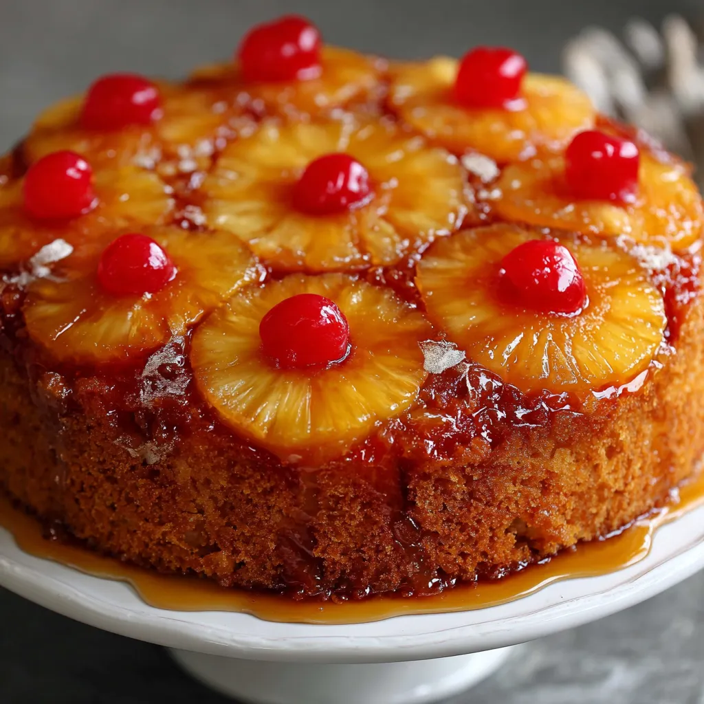 Pastel invertido de piña con rodajas caramelizadas y cerezas sobre un bizcocho dorado