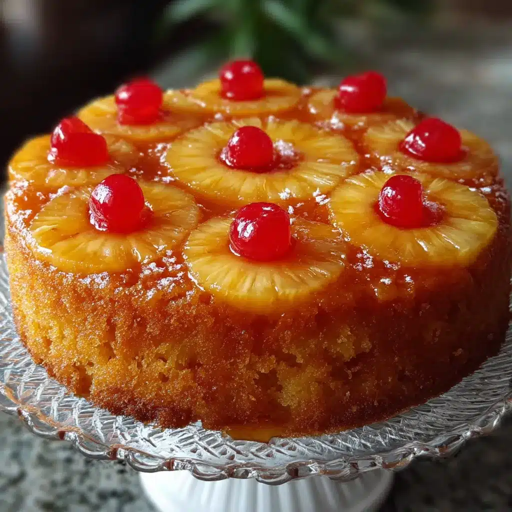 Pastel invertido de piña con rodajas caramelizadas y cerezas sobre un bizcocho dorado