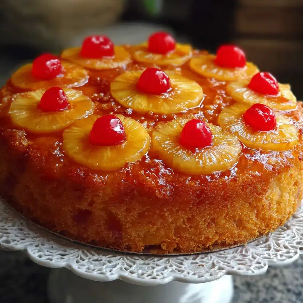 Pastel invertido de piña con rodajas caramelizadas y cerezas sobre un bizcocho dorado