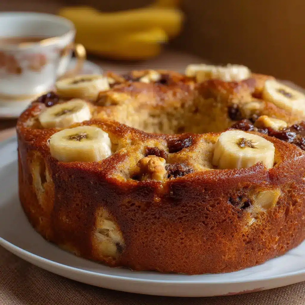 Pastel saludable de banana, manzana y pasas recién horneado sobre una rejilla, con textura dorada y trozos de fruta visibles.
