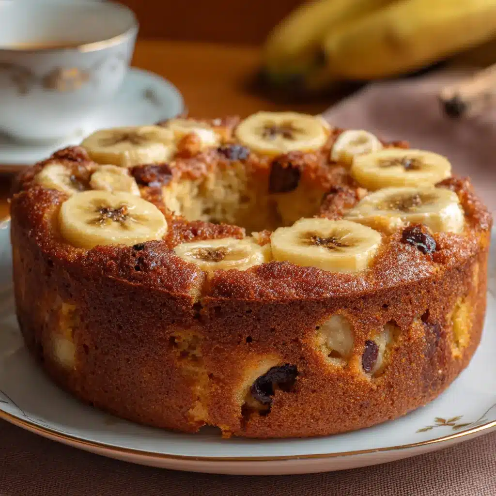 Pastel saludable de banana, manzana y pasas recién horneado sobre una rejilla, con textura dorada y trozos de fruta visibles.