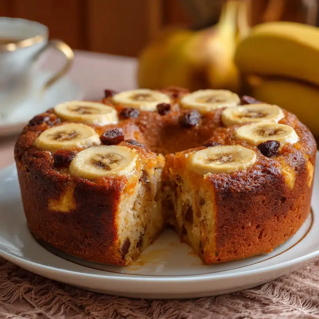 Pastel saludable de banana, manzana y pasas recién horneado sobre una rejilla, con textura dorada y trozos de fruta visibles.