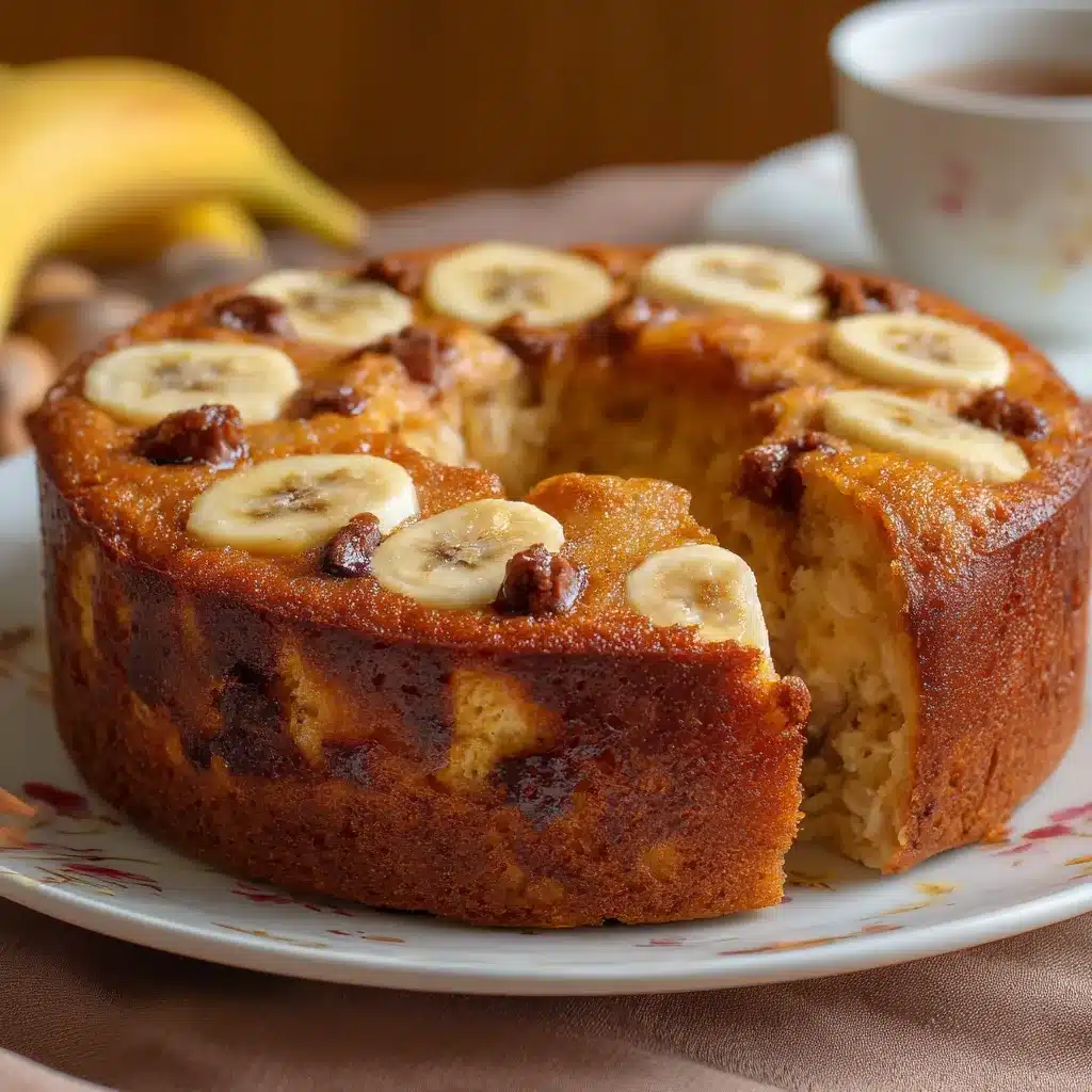Pastel saludable de banana, manzana y pasas recién horneado sobre una rejilla, con textura dorada y trozos de fruta visibles.