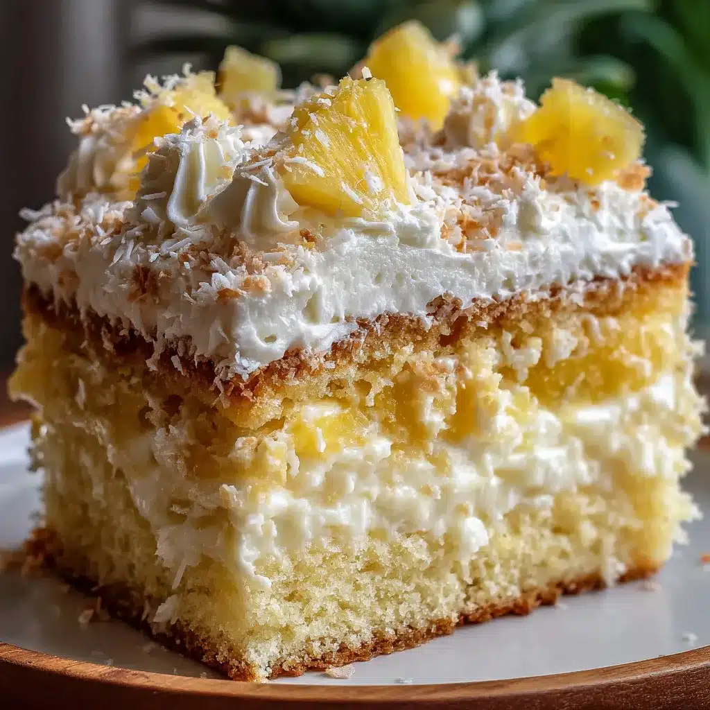 Pastel de piña con crema de coco decorado con chantilly y trozos de piña
