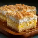 Pastel de piña con crema de coco decorado con chantilly y trozos de piña