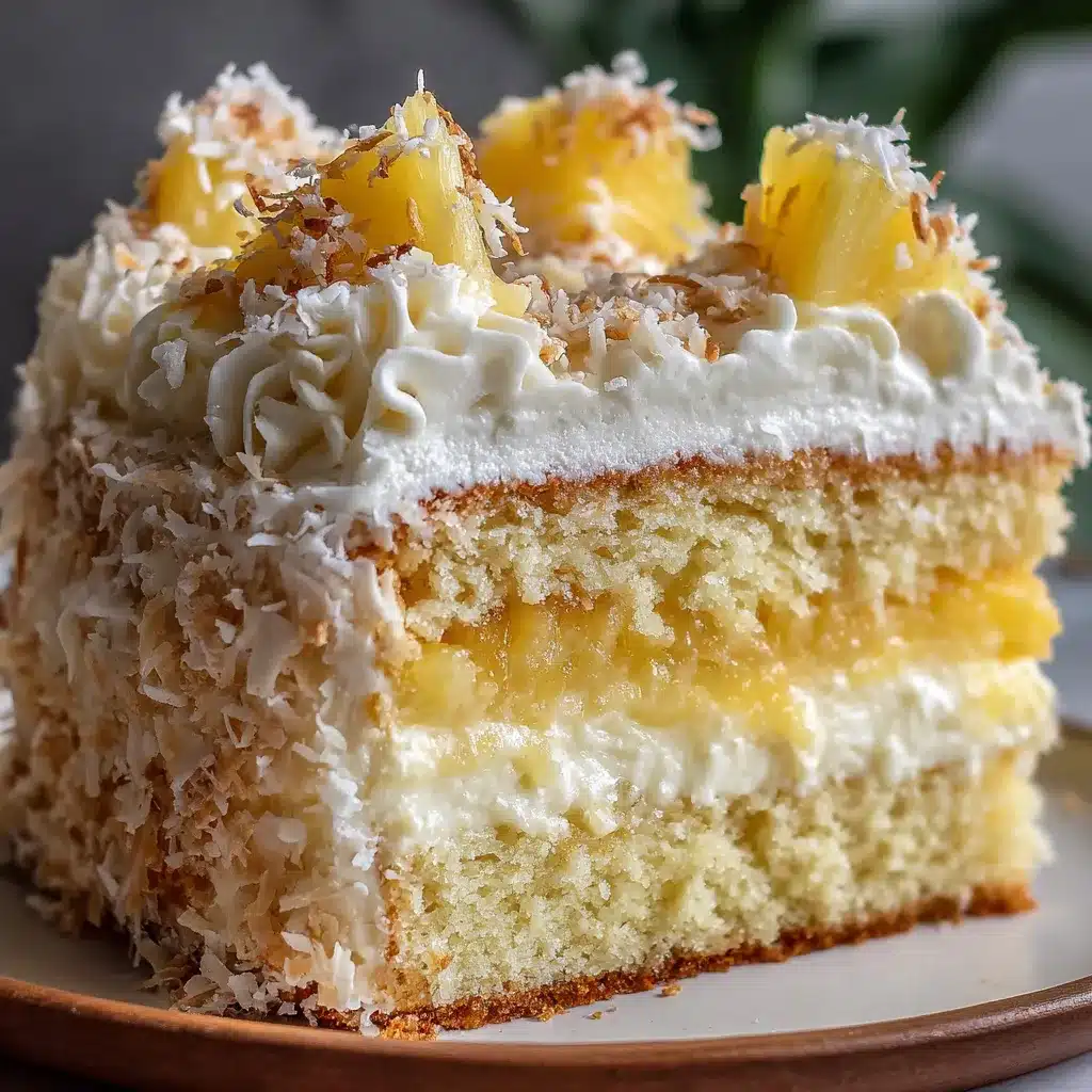 Pastel de piña con crema de coco decorado con chantilly y trozos de piña