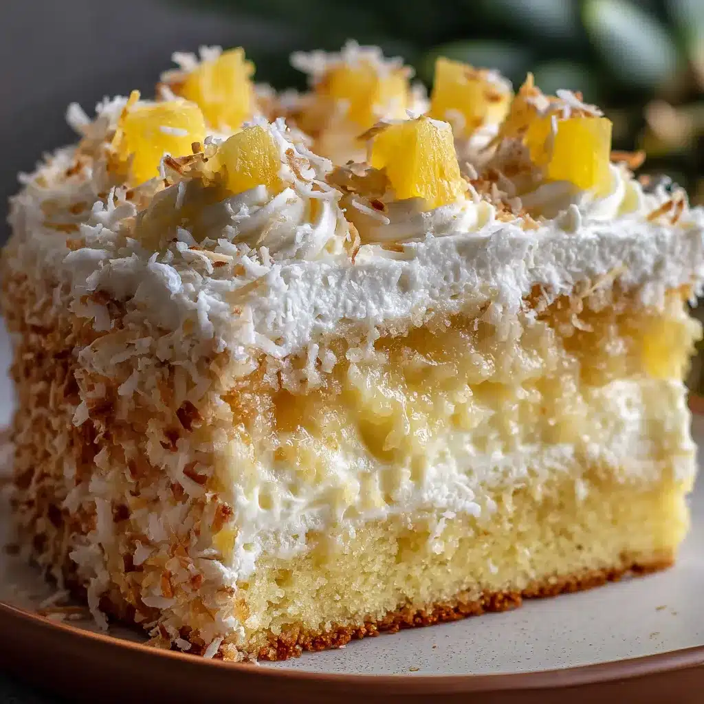Pastel de piña con crema de coco decorado con chantilly y trozos de piña