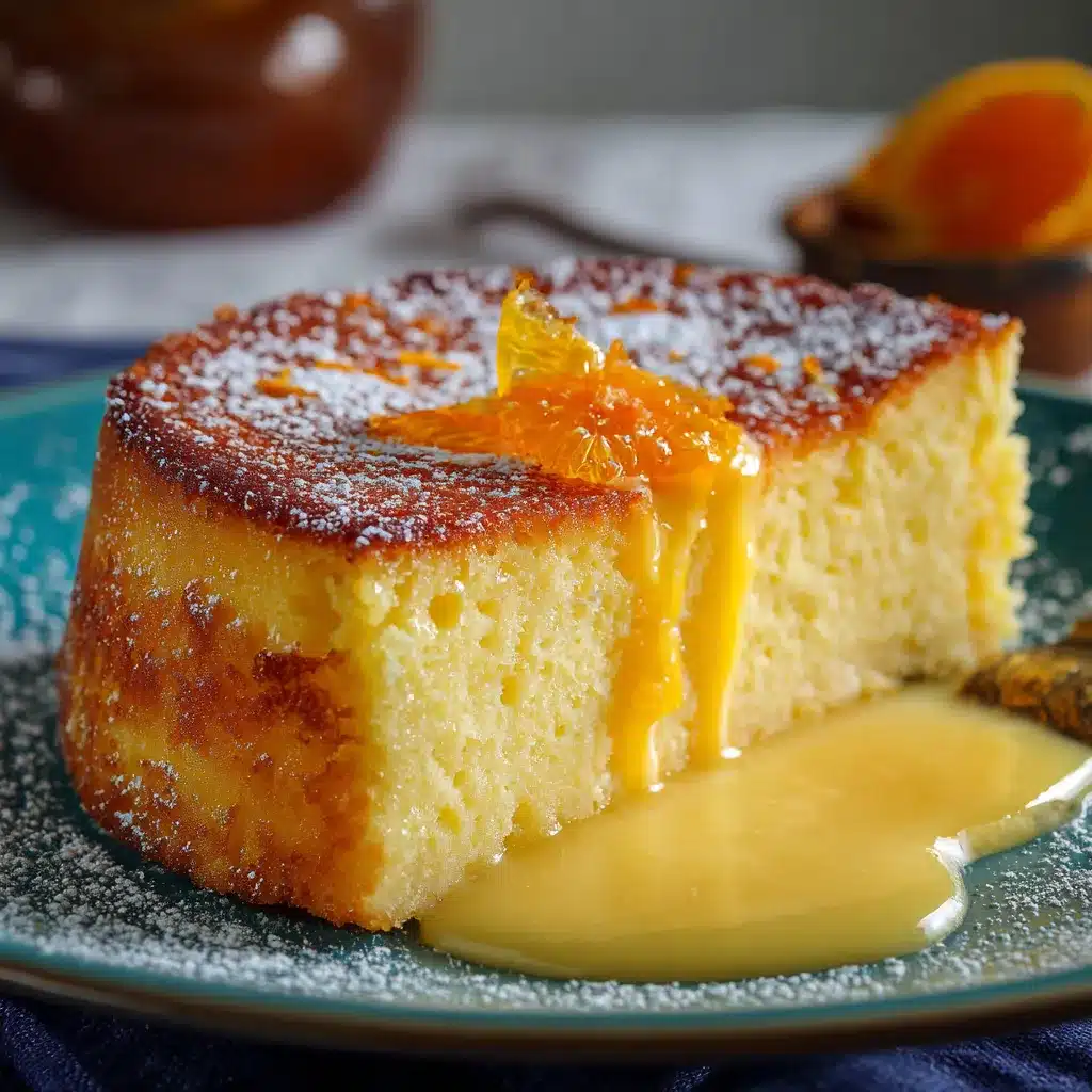Pastel de naranja casero recién horneado, esponjoso y servido sobre plato blanco