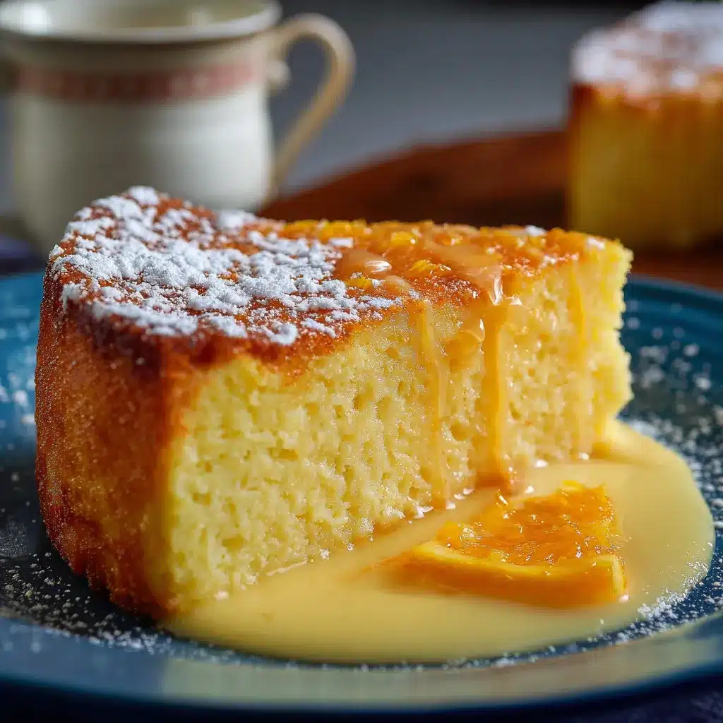 Pastel de naranja casero recién horneado, esponjoso y servido sobre plato blanco