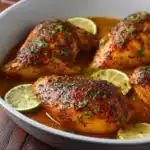 Pollo Asado al Limón al horno con piel dorada, servido con salsa natural y hierbas frescas