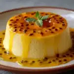 Postre de maracuyá en licuadora servido con cobertura de semillas