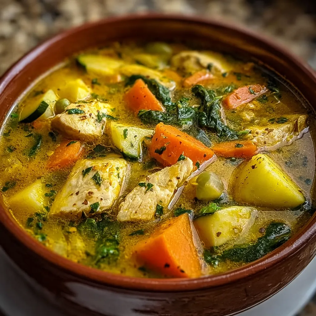 Sopa de pollo con cúrcuma antiinflamatoria servida en un bol, con verduras frescas y hierbas