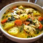 Sopa de pollo con cúrcuma antiinflamatoria servida en un bol, con verduras frescas y hierbas