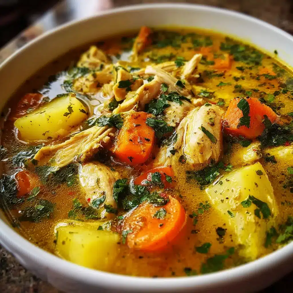 Sopa de pollo con cúrcuma antiinflamatoria servida en un bol, con verduras frescas y hierbas