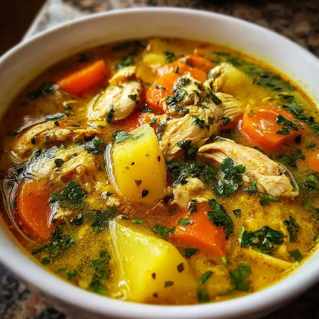 Sopa de pollo con cúrcuma antiinflamatoria servida en un bol, con verduras frescas y hierbas